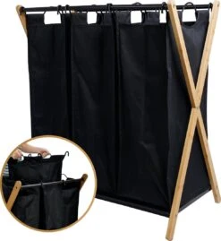 JASC Wasmand 3 Vakken - Wassorteerder - Wasmanden - Zwart - Bamboe - 128 Liter