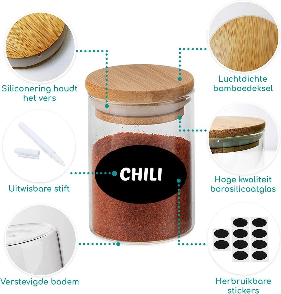 Quality Needz - Voorraadpotten - Glazen Potjes Met Deksel - 250 ML - 10 Delige Set - BPA-vrij - Gratis Pen & Herschrijfbare Stickers - Snoeppot - Afbeelding 2