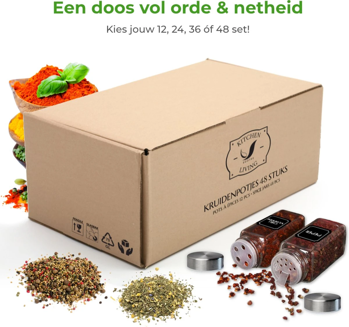 Soothe 48 Glazen Kruidenpotjes Set Met 2 Soorten Strooideksels – Kruidenstrooier – Compleet Pakket Incl Kruidenpotjes Stickers, Krijtstift En Accessoires - Afbeelding 7