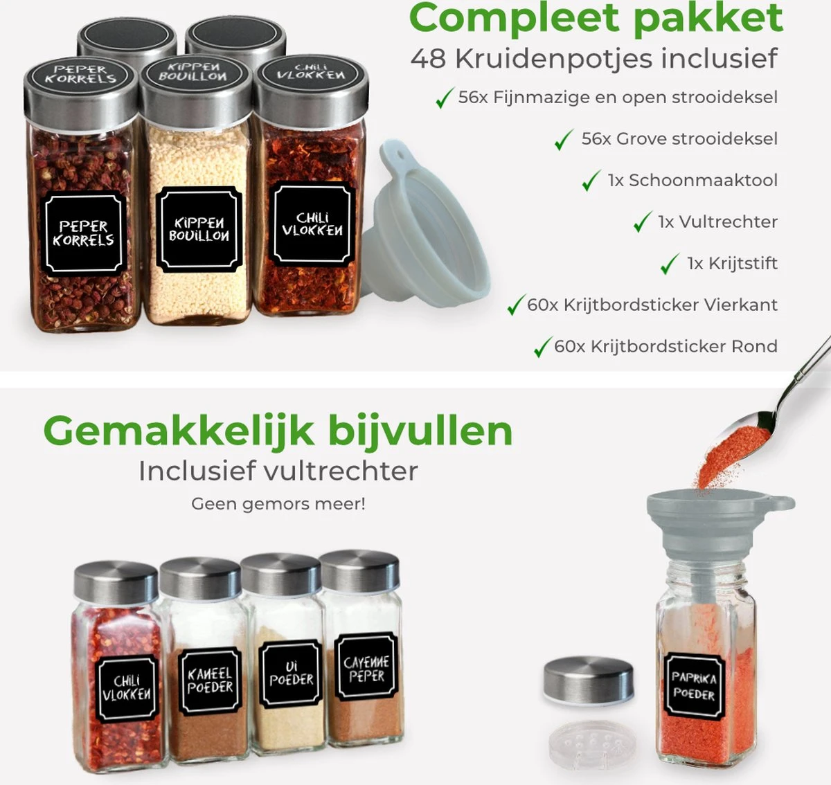 Soothe 48 Glazen Kruidenpotjes Set Met 2 Soorten Strooideksels – Kruidenstrooier – Compleet Pakket Incl Kruidenpotjes Stickers, Krijtstift En Accessoires - Afbeelding 6