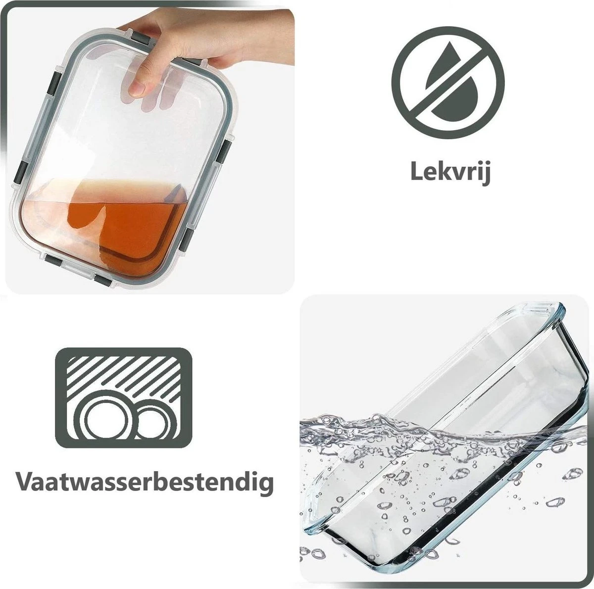 VMCA Glazen Vershoudbakjes Voor Vriezer Oven En Magnetron - 10 Bakjes - Grijs - Afbeelding 2