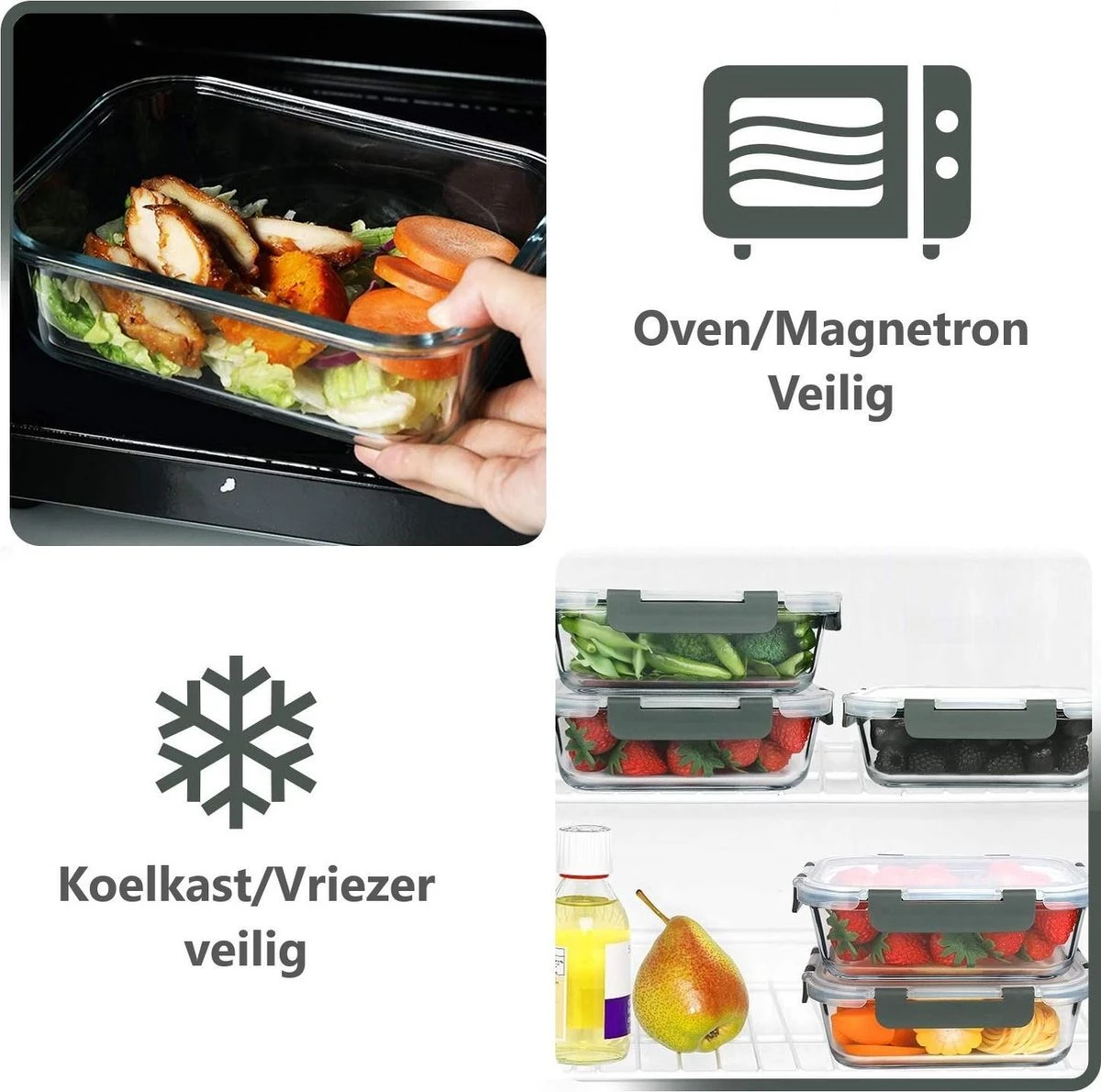 VMCA Glazen Vershoudbakjes Voor Vriezer Oven En Magnetron - 10 Bakjes - Grijs - Afbeelding 7