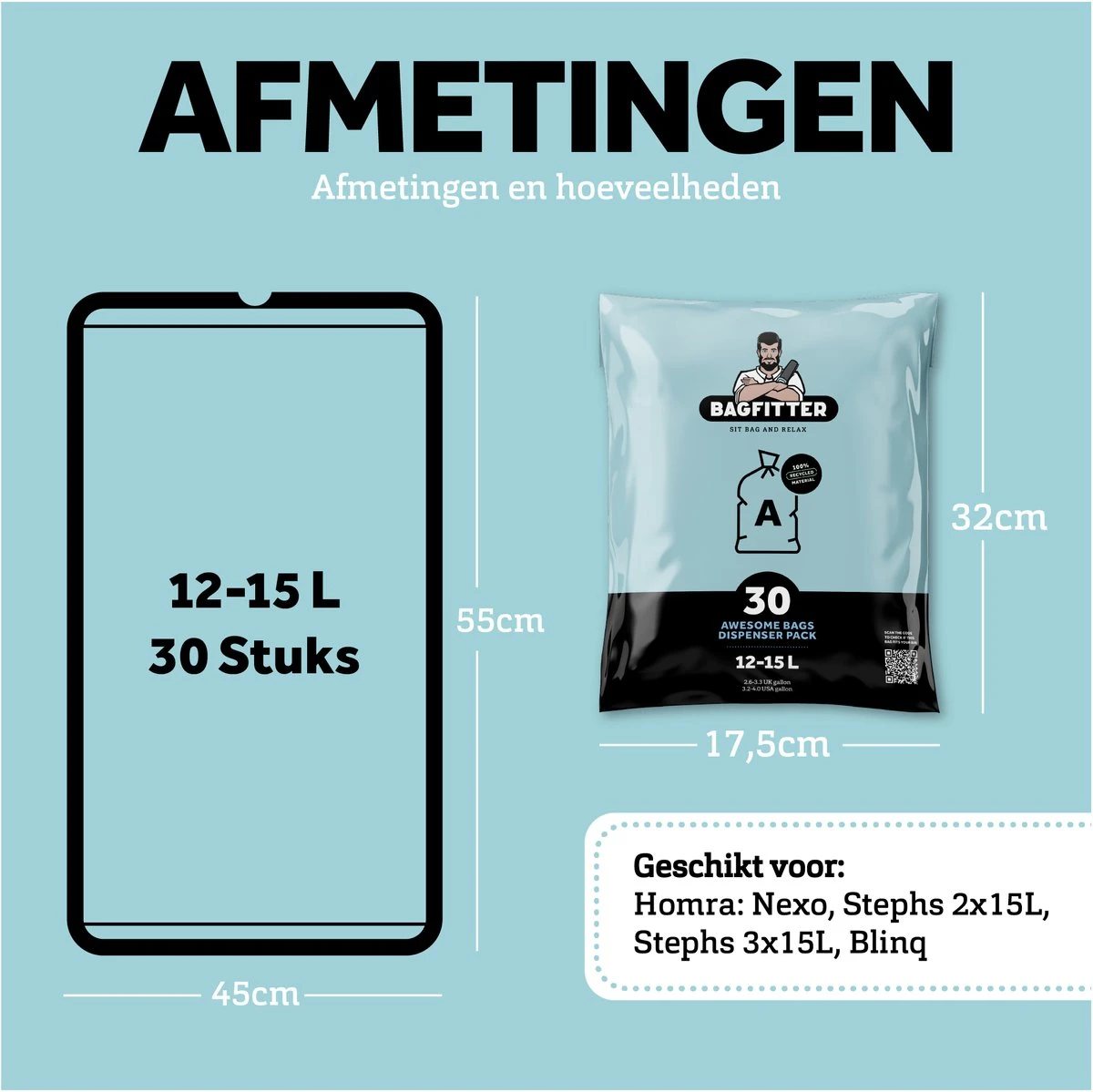 BagFitter Blauw A 12L Tot 15L Vuilniszak Met Trekband Van 100% Gerecycled Plastic - 54,5cm X 45cm - 30 Stuks - 12-15 Liter - Vuilniszakken - Afvalzakken - Prullenbakzakken Geschikt Voor O.a. Homra Stephs, Blinq En Nexo - Afbeelding 2