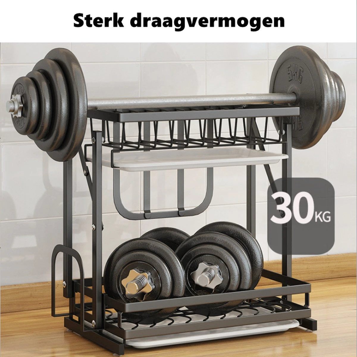 Doogo® Afdruiprek Met Lekbak 2 Laags – Inklapbaar - Muur Hangen Mogelijke - Afwasrek – Met 2 Lekbakken – Extra Accessories Voor Servies En Snijplanken - RVS - Afbeelding 3