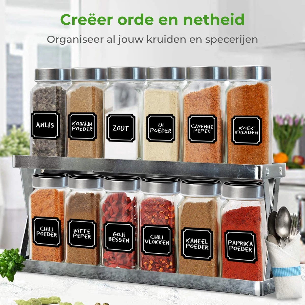 Soothe 24 Glazen Kruidenpotjes Set Met 2 Soorten Strooideksels – Kruidenstrooier – Compleet Pakket Incl Kruidenpotjes Stickers, Krijtstift En Accessoires - Afbeelding 2