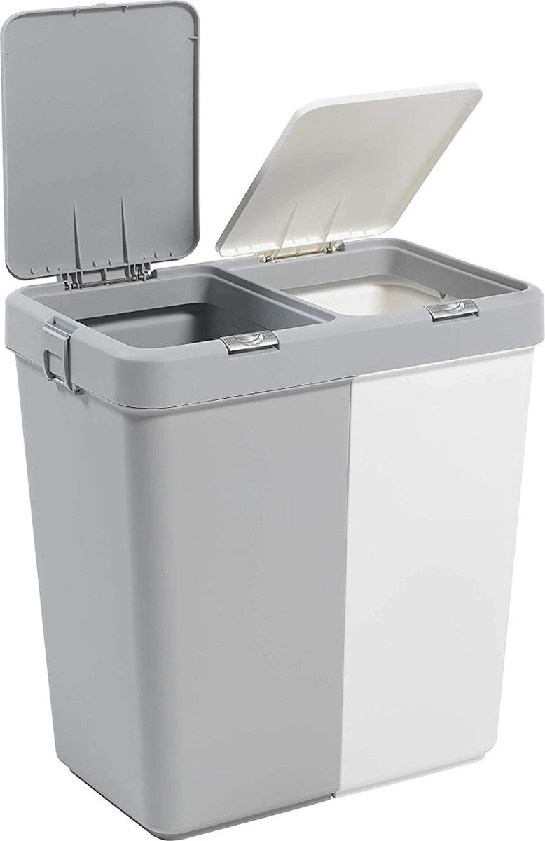 Motek® - Wasmand - 2 Vakken Met Deksel - Met Touch Deksel - Gemaakt Van 100% Gerecycled Kunststof - 80 L - Wasmand Met Deksel - Wassorteerder - Grijs - Wit